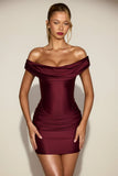 Satin Off Shoulder Draped Mini Dress in Wine Red