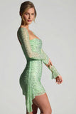 Embellished Draped Cowl Neck Mini Dress in Pistachio