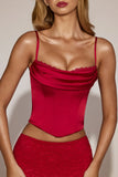 Satin Cowl Neck Lace Up Corset Top in True Red