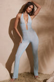Petite Embellished Plunge Neck Jumpsuit in Aqua