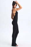 Modal Plunge Open Back Flared Jumpsuit in Black