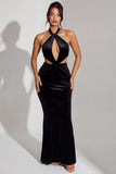 Velvet Halter Neck Maxi Dress in Jet Black