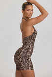 Ruched Halterneck Bodycon Mini Dress in Leopard