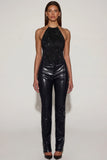 Faux Croc Leather Straight Leg Trousers in Black