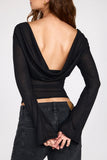 Sheer Jersey Long Sleeve Backless Top in Black