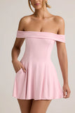 Modal Off Shoulder A Line Mini Dress in Baby Pink