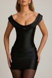 Satin Off Shoulder Draped Mini Dress in Black