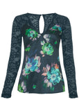Lace Sleeve Printed Top Midnight Garden