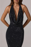 Embellished Cowl Neck Backless Gown in Black