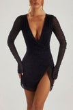 Embellished Wrap Over A Line Mini Dress in Black