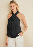Plisse Cross Neck Tank Jet Black