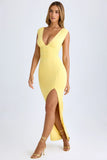Modal Plunge Neck Thigh Split Maxi Dress in Lemon Sherbet