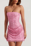 Embellished Draped Strapless A Line Mini Dress in Pink