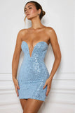 Embellished Sweetheart Neck Mini Dress in Light Blue