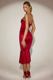 Satin Lace Trim Bandeau Fluted Midaxi Dress in True Red
