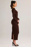 Modal Peekaboo Long Sleeve Midi Dress in Chocolate Brown