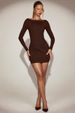 Soft Jersey Boat Neck Draped Mini Dress in Chocolate Brown
