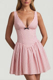 Bow Detail A Line Mini Dress in Pink Polka Dot