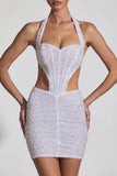 Embellished Cut Out Halterneck Mini Dress in White