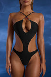 Bead Embellished Cut Out Halterneck Swimsuit in Black