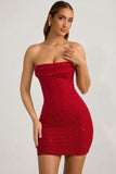Embellished Strapless Cowl Neck Mini Dress in True Red