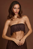 Fringed Bandeau Lace up Crop Top in Chocolate Brown