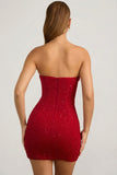 Embellished Strapless Cowl Neck Mini Dress in True Red