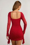 Embellished Cowl Neck Draped Mini Dress in True Red
