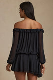 Off Shoulder Asymmetric Balloon Sleeve Mini Dress in Black