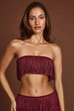 Fringed Bandeau Lace up Crop Top in Wine Red