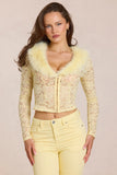 Lace Faux Fur Trim Cardigan in Lemon Yellow