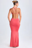 Hardware Detail Cut Out Halterneck Maxi Dress in Coral