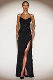 Embellished Cowl Neck Ruffled Gown Dress in Black