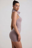 Ribbed Knit Turtleneck Backless Top in Taupe