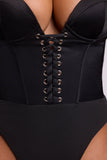 Satin Plunge Neck Lace Up Corset Bodysuit in Black