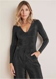 Glitter Knit V Neck Top Jet Black Glitter Knit