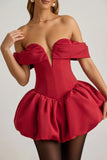Off Shoulder Layered Bubble Hem Corset Mini Dress in True Red