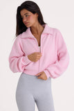 Ribbed Knit Zip Up Cropped Sweatshirt in Pale Pink