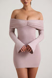 Modal Cashmere Blend Off Shoulder Ruched Mini Dress in Taupe