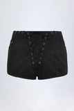 Lace Up Mid Rise Shorts in Black
