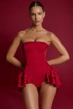 Ruffled Lace Up Corset Playsuit in Fire Red