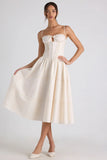 Lace Trim Pintucked Poplin Midaxi Dress in Ivory