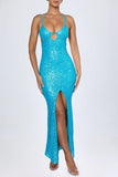 Embellished Cut Out Halterneck Maxi Dress in Turquoise