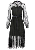 Lace Belted Midi Dress Jet Black