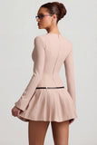 Long Sleeve Pleated Mini Dress in Mushroom