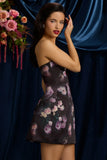 Strapless Structured Tulip Mini Dress in Black Floral Print