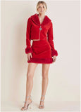 Faux Fur Trim Velvet Coat Haute Red