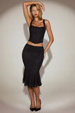 Lace Mid Rise Fluted Midi Skirt in Black