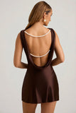 Draped Open Back A Line Mini Dress in Chocolate Brown