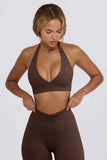 Brushed Jersey V Neck Sports Bra in Pecan Marl